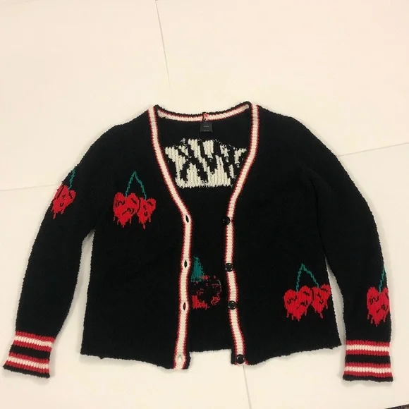 Pinko XS (up to XL) Realgar Cardigan Black w Red Green Cherry 🍒 Logo Design back - Picture 13 of 14